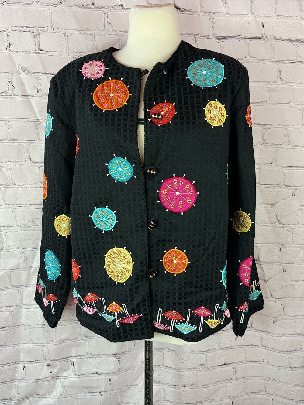 vtg Allure Black Jacket asian umbrella embroidered women L colorful layer boho